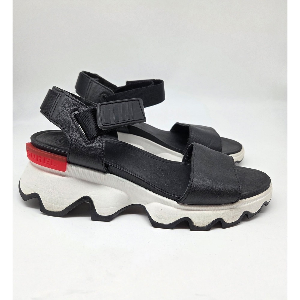 Sorel Kinetic Impact Y-Strap Wedge Sandal Women's 8 Black Leather NL3567-010